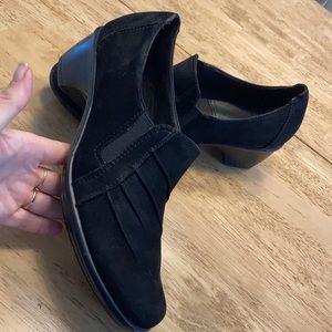 Clarks slip on black suede shoes